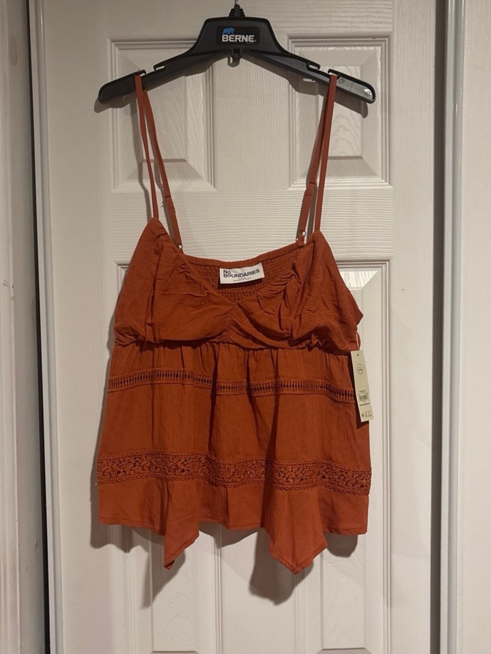 No Boundaries Rust Smocked Lace-Trim Spaghetti Strap Tank